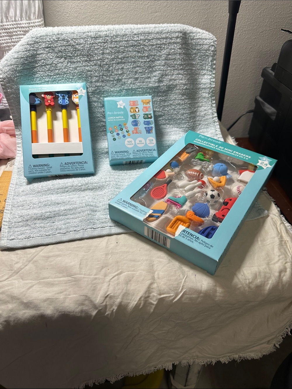 3 pc bundle of 24 Erasers, box of 100 lunch notes and 4 pack of pens NWT